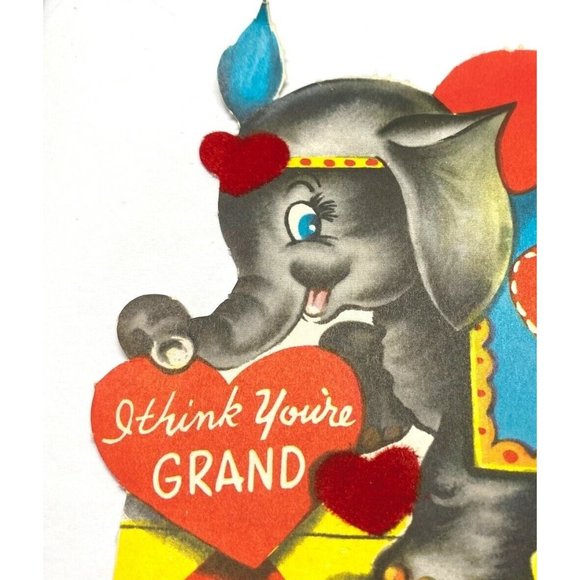 Valentines Day Vintage Greeting Card Circus Elephant Hearts Flocked 40s - Picture 4 of 6